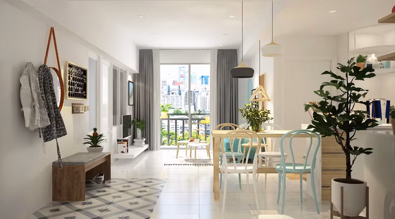 Sàn và tường màu trắng khiến nội thất màu xanh ngọc càng trở nên trong trẻo, đẹp mắt.