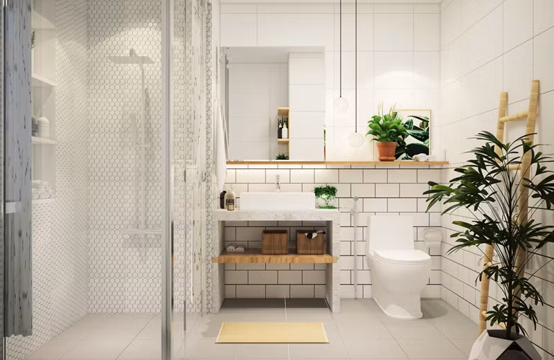Gạch khảm hình lục giác bao phủ khu vực tắm.
