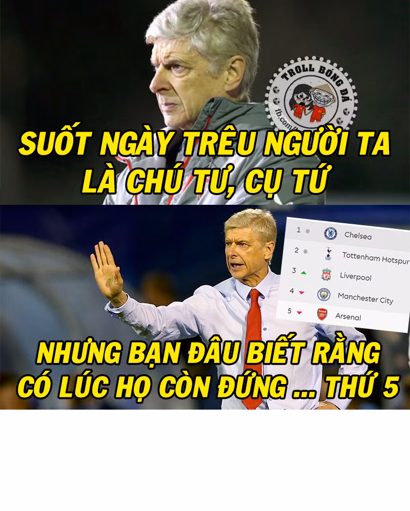 Bức ảnh chế Arsenal đã mất biệt danh "chú tư" vừa qua được rất nhiều người chú ý. Cụ thể sau khi thảm bại trước Liverpool 1-3, đội chủ sân Emirates đã rơi xuống vị trí thứ 5.