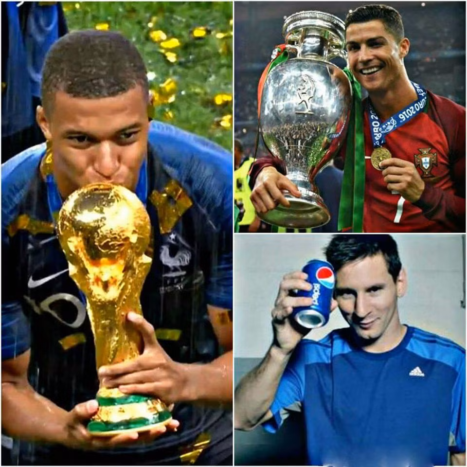 Trong khi Mbappe có chức vô địch World Cup, Ronaldo có chức vô đich Euro thì Messi vẫn chỉ có lon nước ngọt trên tay.