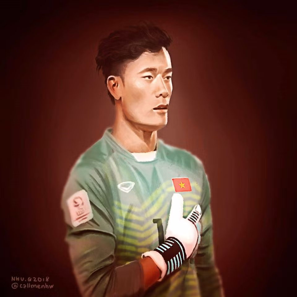 Bùi Tiến Dũng - thành viên xuất sắc nhất của đội tuyển U23 Việt Nam - được tái hiện qua hội họa trong hình ảnh đặt tay lên lồng ngực.