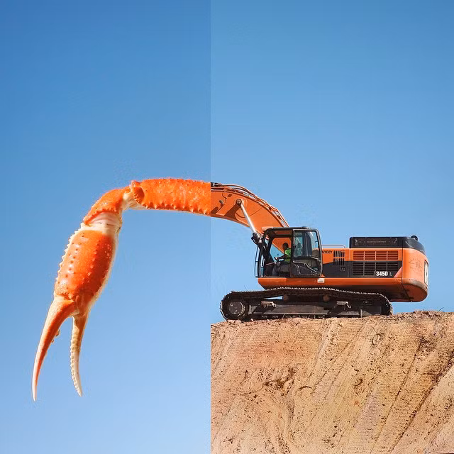 Chiếc máy xúc này có cầu trục là càng cua.