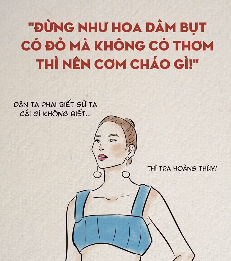 Trong tập 4 của chương trình The Face - Gương mặt thương hiệu, Trong tập 4 của chương trình The Face - Gương mặt thương hiệu để ám chỉ người đàn chị Minh Tú của mình.