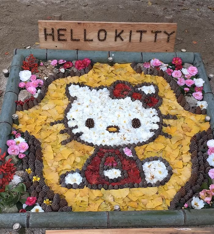 Chú mèo Kitty được giới trẻ Nhật thể hiện bằng vật liệu lá khô.