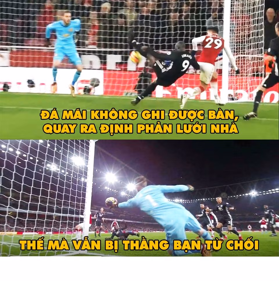 Sự xuất sắc của thủ thành David De Gea cũng khiến anh bị dân mạng chế ảnh. Dù có đồng đội cố gắng phản lưới nhà chữa "nhục" cho Arsenal nhưng thủ thành người Tây Ban Nha thì nhất quyết không cho.