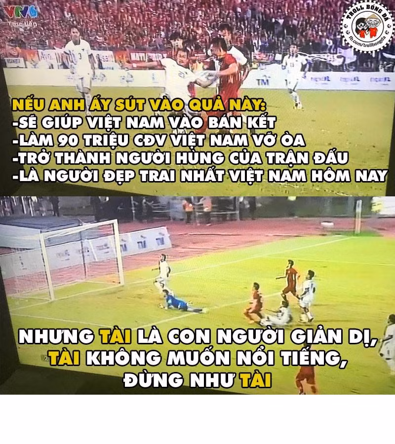 Nếu như tình huống này Tuấn Tài ghi bàn, anh sẽ được tung hô như người hùng nhưng đáng tiếc cầu thủ xứ Nghệ này lại thích đá vào người thủ môn hơn là chọn góc cao để thực hiện pha dứt điểm dù khung thành trước mặt rộng mênh mông. Ảnh: Troll Bóng Đá
