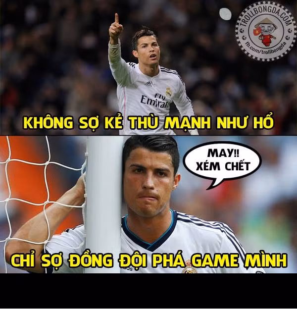  Ảnh chế bóng đá lại sôi động trở lại với lượt trận thứ 5 tại UEFA Champions League nơi mà Cris Ronaldo của Real Madrid chẳng sợ những đối thủ mạnh mà anh chỉ sợ các đồng đội phá hoại công sức của mình.