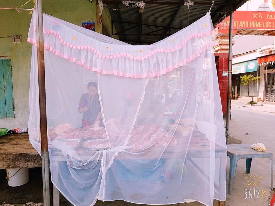 Mới đây trên mạng xã hội, hình ảnh một gian hàng bán thịt ở Hải phòng đã nghĩ ra một cách vô cùng độc đáo để hạn chế bụi bẩn và ruồi, đó là mắc cả một cái màn quanh khu vực bán hàng của mình đã được ghi lại