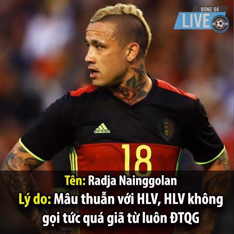 Radja Nainggolan do mâu thuẫn với HLV nên không được gọi và cầu thủ người Bỉ đã tuyên bố giã từ luôn ĐTQG từ khi còn rất trẻ.