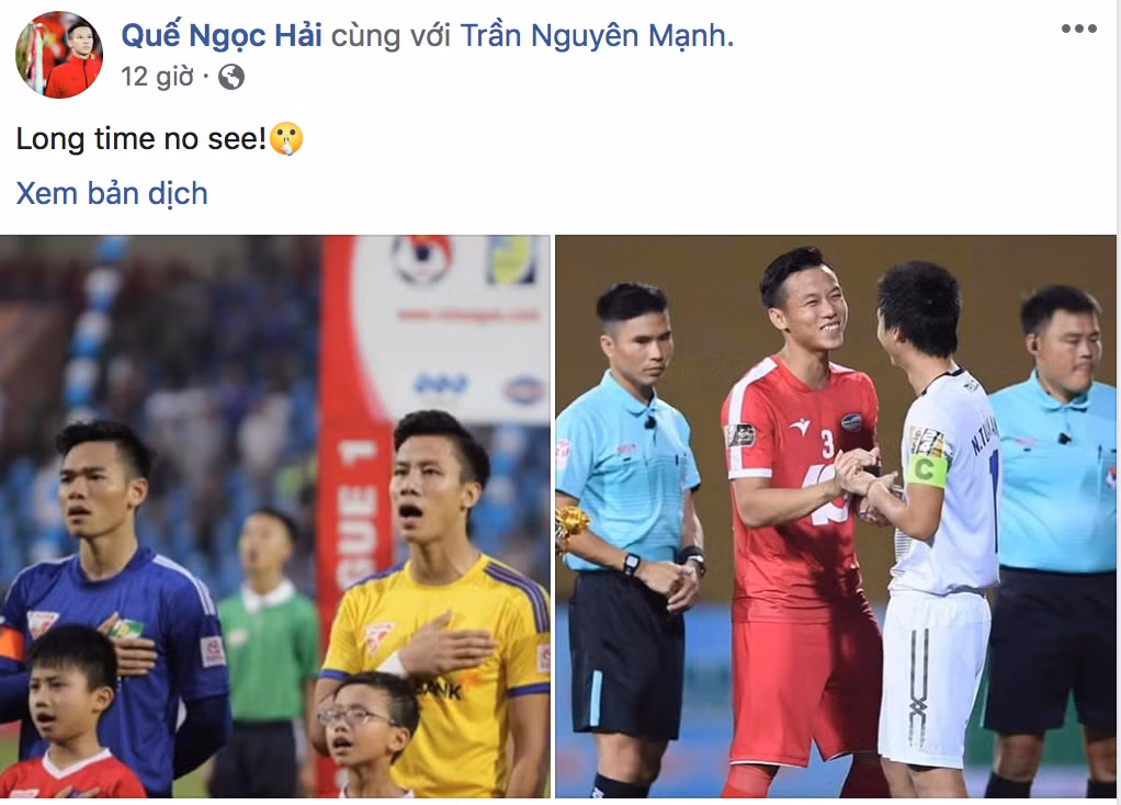 Tối 27/5, trên Facebook cá nhân, trung vệ Quế Ngọc Hải đăng tải hai bức ảnh cùng dòng trạng thái bày tỏ sự vui mừng khi hai đồng đội Nguyên Mạnh và Tuấn Anh được HLV Park Hang-seo triệu tập lên đội tuyển Việt Nam.