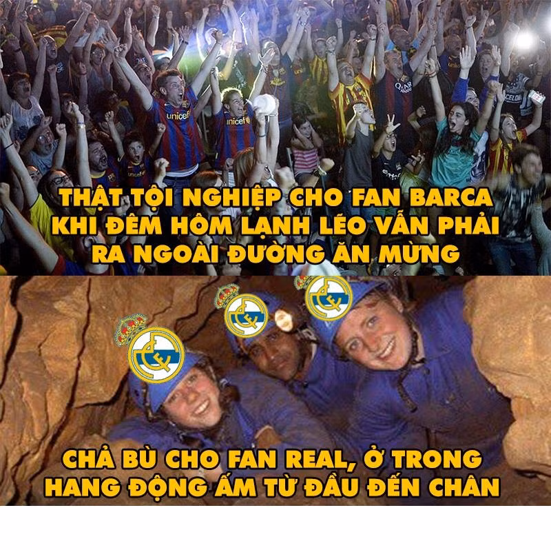 Fan Barca chịu lạnh để ra đường ăn mừng còn fan Real đã tìm được chỗ trú ẩn tránh rét an toàn.