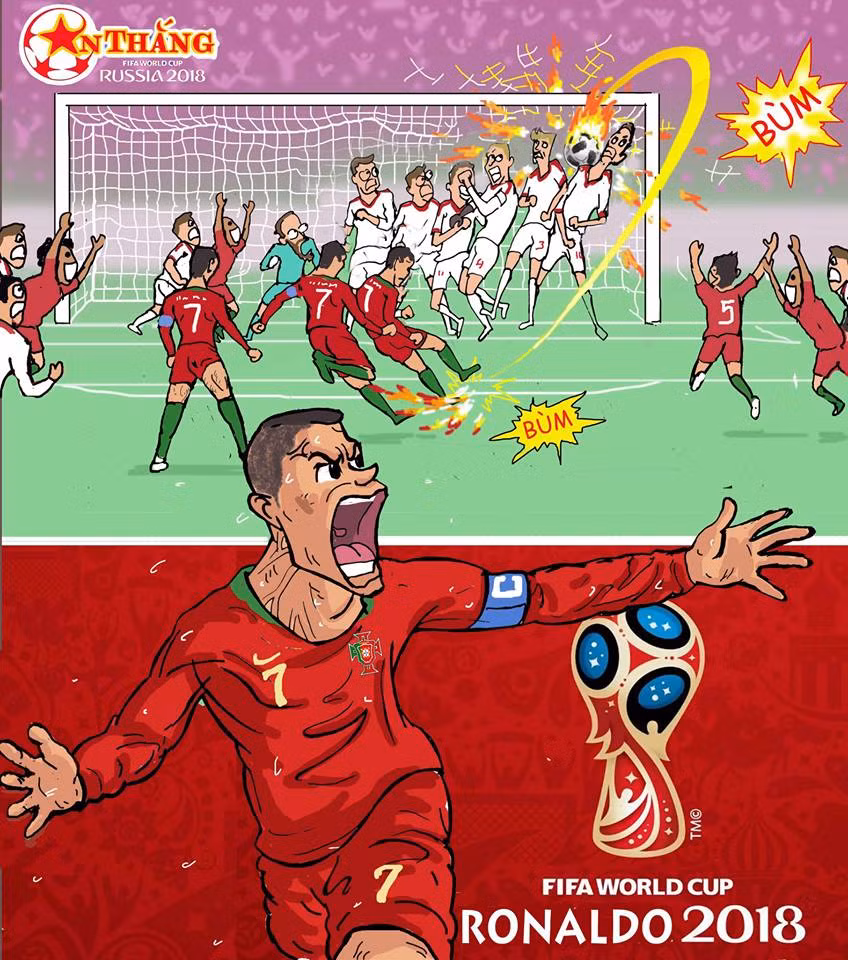 Cú sút phạt của Ronaldo trong trận "derby bán đảo Iberia" qua nét vẽ của chàng họa sĩ người Hưng Yên.
