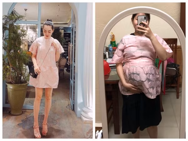 Cẩm Nhung (bên phải) và chiếc váy bầu vừa được tặng.