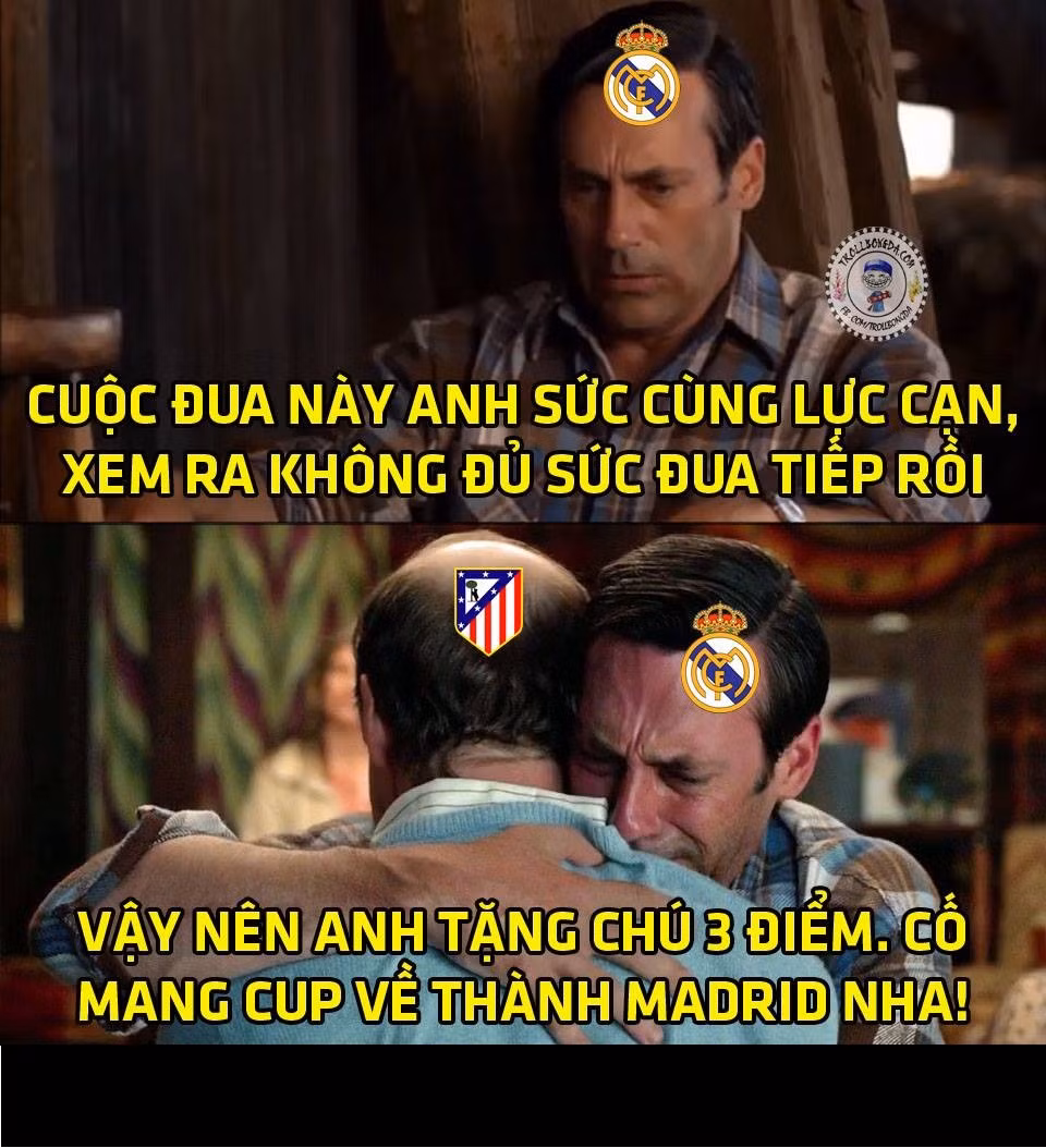 Biết mình không đủ sức để cạnh tranh với Barca, Real Madrid tiếp thêm sức cho người hàng xóm là Atletico Madrid bằng 3 điểm trên sân Bernabeu.