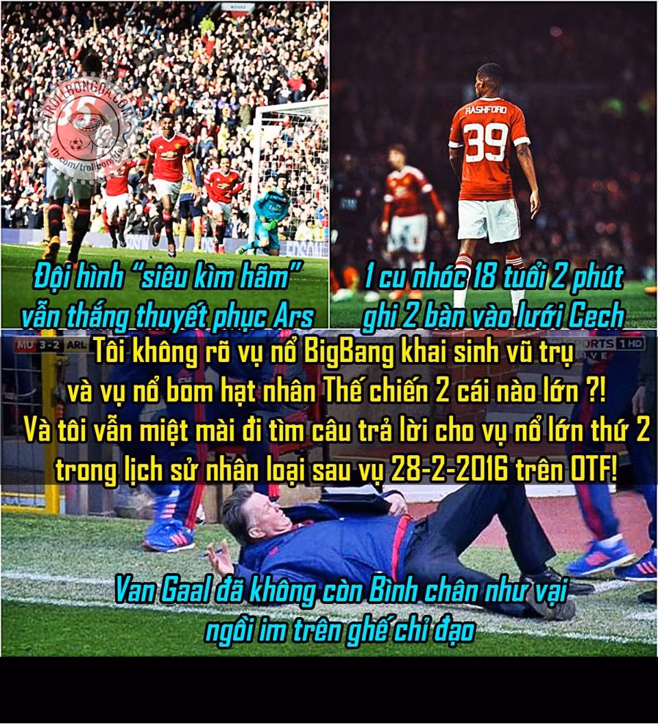 Trong trận đấu giữa Man United và Arsenal đã có rất nhiều tình huống hài hước xảy ra, một trong những tình huống đá là HLV Van Gaal đã dùng đội hình "trẻ con" để đối đầu với "lớp mẫu giáo" của Arsenal.