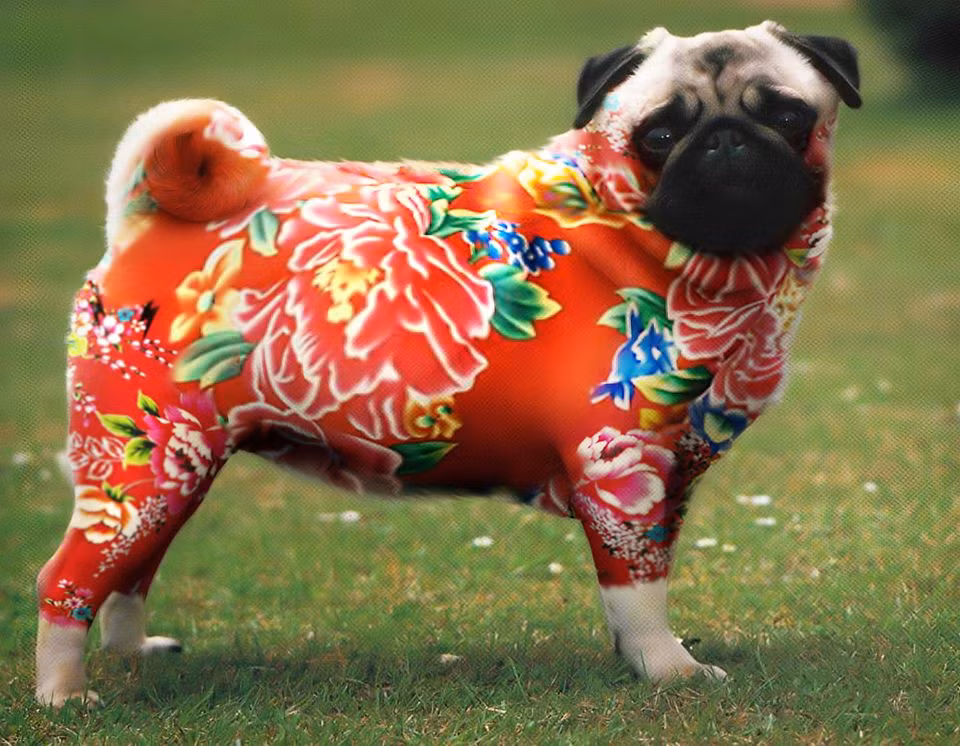 Đến chú chó pug cũng được khoác lên mình bộ lông chăn con công thời thượng.