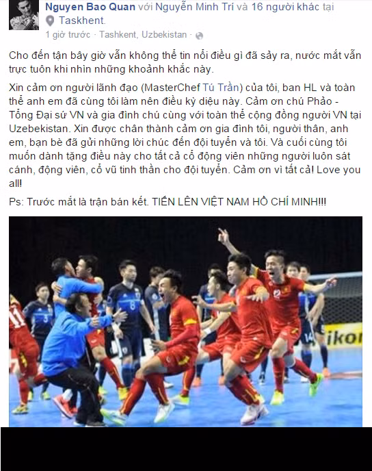 Bên cạnh đó, đội trưởng của ĐT Futsal Việt Nam là Nguyễn Quân Bảo đã gửi lời cảm ơn đến BHL cũng như NHM quê nhà.