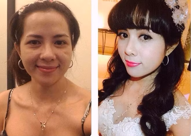 Cô dâu này có nhược điểm gò má cao nhưng qua đôi bàn tay tài hoa của các chuyên gia thì chỉ trong nháy mắt cô trở nên xinh đẹp với má hồng.