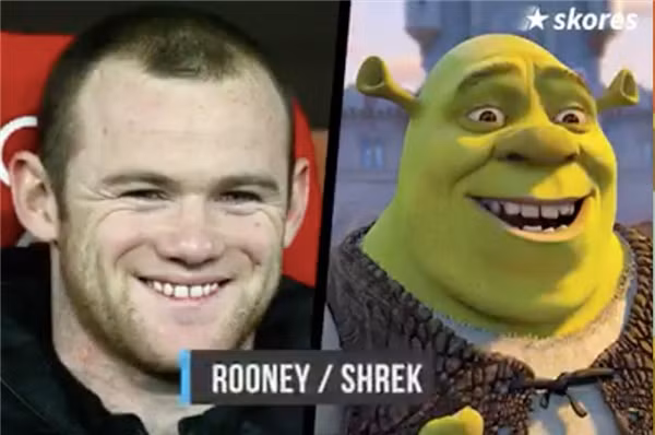 Wayne Rooney vốn nổi danh với biệt danh Shrek vì có những nét tương đồng trên gương mặt, nhất là khi cười.