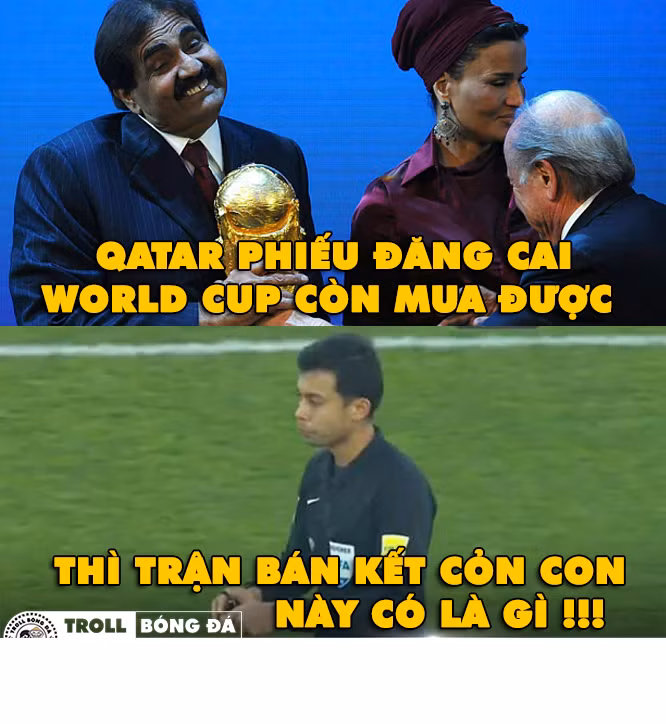 Trước trận đấu, nhiều người cho rằng với thế mạnh tài chính của mình Qatar còn mua được phiếu đăng cai World Cup thì trận bán kết với U23 Việt Nam thì không là gì với họ?. Ảnh sử dụng trong bài: Troll Bóng Đá.