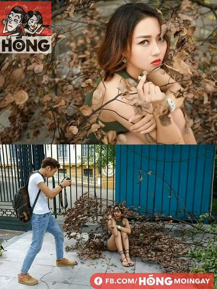 Tranh thủ cành lá chết khô bên đường, đôi bạn trẻ đã cho ra mắt bức ảnh khá nghệ thuật.