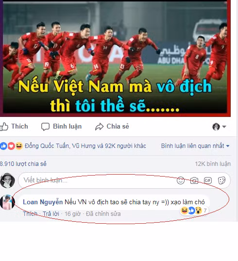 Bên cạnh việc xin nghỉ học, nghỉ làm để cổ vũ ĐT U23 Việt Nam, nhiều dân mạng còn "manh động" hơn dám thực hiện thách thức, nếu Việt Nam vô địch sẽ làm những việc điên rồ như cạo trọc đầu hay bỏ người yêu hiện tại.