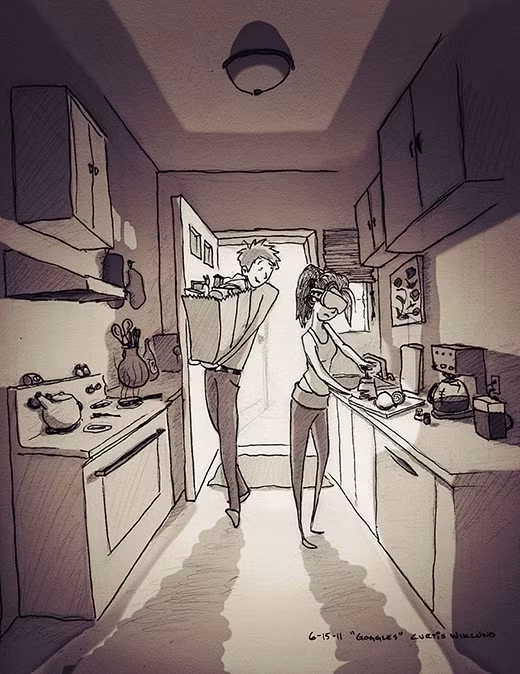 Chỉ bằng những nét phác họa chưa qua gọt dũa hay tỉa tót, nhiếp ảnh gia người Mỹ đã phác họa cuộc sống hàng ngày vô cùng ngọt ngào giữa anh và cô vợ mình.
