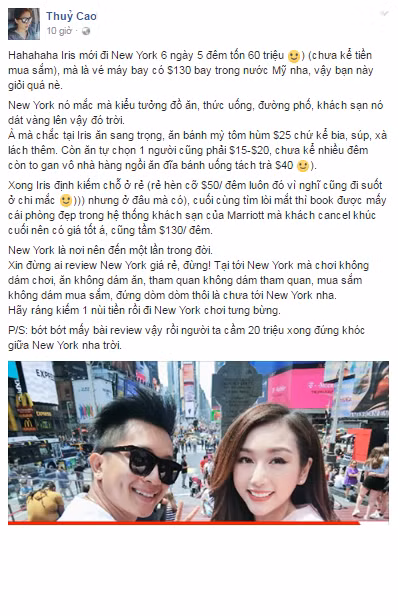 Hẳn một bài viết cụ thể chuyến du lịch Mỹ của một dân mạng vừa đi về và giá của nó lên tới gần 60 triệu đồng. Bài viết của thành viên có nickname Thủy Cao cũng rất thú vị để "phản biện" lại bài viết du lịch giá rẻ tại New York từng được Ngọc Quỳnh đăng tải.