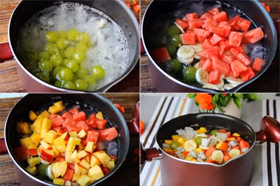 6. Chè nho trái cây. Nguyên liệu: Dưa hấu, xoài, nho xanh, đào, chuối, nấm tuyết, đường phèn, nước lọc. Ngâm nấm tuyết cho nở rồi cắt nhỏ ra. Chuẩn bị một nồi nước lạnh, cho một ít đường phèn vào đun với lửa lớn cho sôi, sau đó cho nấm vào rồi đun nhỏ lửa trong khoảng 12-15 phút. Ảnh: loaphuong.com.
