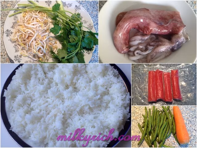 4. Cơm chiên mực. Nguyên liệu: Cơm nguội, mực cơm, ớt canh, hành tây, toi, gia vị gồm muối, tiêu, hạt nêm, dầu hào. Rửa mực thật sạch, bỏ mật đen ở phần cuối đầu mực. Sau đó, cắt thành từng miếng dài theo chiều ngang thân mực và ướp với ít muối, tiêu. Ảnh: Milkyrich.com.