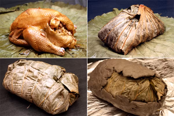 6. Gà nướng lá sen. Nguyên liệu: Gà, nước tương, rượu, muối ăn, bột nêm, dầu ăn, hành, tỏi, ngò rí, lá sen, bột mì, dầu mè, lò nướng. Làm nhân nhồi thịt gồm: thịt lợn, tôm, nấm đông cô, măng, đường, mỡ lợn. Gà làm sạch, ướp cùng: nước tương, rượu, muối, bột nêm. Phi hơm hành, tỏi, ngò. Cho phần nhân đã chế biến ở trên vào xào. Ảnh: timemart.com.vn.