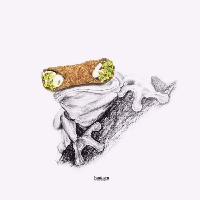 Con ếch này được hoàn thành bằng một chiếc bánh nướng cuộn canoli.