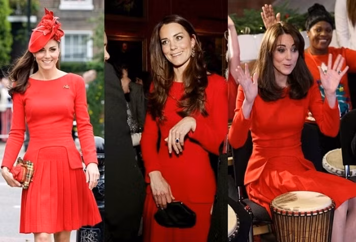 Cây đồ đỏ hiệu Alexander McQueen cũng được công nương diện vào năm 2012, 2014, 2015. Công nương biết cách khéo léo lên đời cho trang phục và mix phụ kiện để phù hợp nhất với từng bối cảnh xuất hiện. Ảnh: Barzaar.