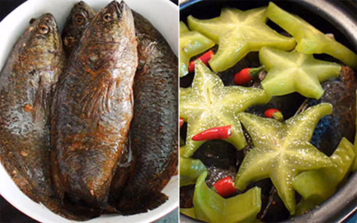 Cá rô đồng kho khế. Nguyên liệu của món kho khế này gồm cá rô, thịt ba chỉ, khế xanh, gừng, nước hàng, hành tím, ớt, tiêu, hạt nêm, mắm. Cá đem đánh vảy, bỏ mang và xát qua muối hạt để giảm bớt chất nhờn. Thái thịt thành những miếng mỏng, ướp với ít gia vị trong khoảng 15 phút. Ảnh: Monan.
