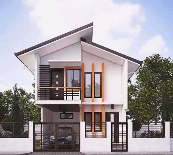 Mẫu nhà 2 tầng tiện nghi với 1 gara lớn. Thiết kế mái vạt lệch không những tạo cảm tình cho người ngoài mà còn giúp việc thoát nước khi trời mưa lớn được thực hiện nhanh và hiệu quả hơn.