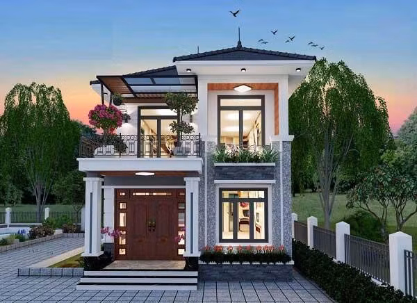 Căn nhà được thiết kế 2 tầng trệt nổi bật với hệ thống mái lệch và lắp đặt rất nhiều đèn sáng trắng cho không gian luôn tươi mới và khoáng đạt.