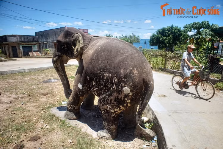 Bức tượng tạc từ một tảng đá nguyên khối rất lớn theo lối tả thực rất sống động, khác với kiểu tạo hình cách điệu thường thấy ở điêu khắc Chăm.