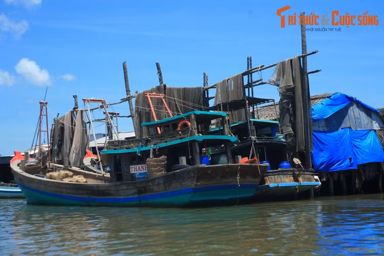 Thuyền đánh cá và giàn phơi lưới ở ấp Rạch Tàu, xã Đất Mũi, huyện Ngọc Hiển, tỉnh Cà Mau.