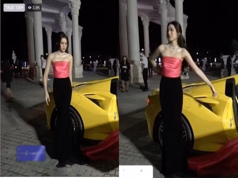 Trong một chương trình, Đỗ Thị Hà mặc chiếc váy đính nơ. Không may, chiếc nơ lớn đã bị rớt xuống trên xe. Ảnh: Tiền Phong