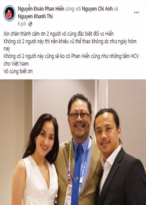 Giành 3 huy chương vàng, Phan Hiển gửi lời cảm ơn đến Khánh Thi và Chí Anh. "Xin chân thành cảm ơn 2 người vô cùng đặc biệt đối với Hiển. Không có 2 người này cũng sẽ không có Phan Hiển cũng như những tấm huy chương vàng cho Việt Nam. Vô cùng biết ơn", chồng trẻ của Khánh Thi viết. Ảnh chụp màn hình
