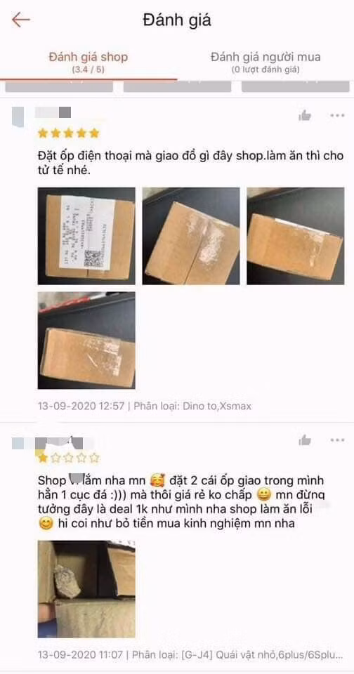 Một trường hợp tương tự khi có vị khách phải lên hẳn phần đánh giá để "tố" shop onlone bỏ hẳn cục đá vào thay vì 2 ốp điện thoại với giá 1 ngàn đồng.