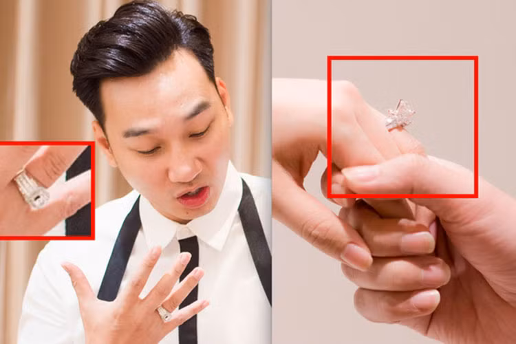 Cặp nhẫn cưới của vợ chồng MC Thành Trung được chế tác rất tinh xảo, sang trọng nhưng không phô trương với chất liệu bạch kim cao cấp. Chiếc nhẫn của MC Thành Trung được đính viên kim cương chính khoảng hơn 6 ly, cùng rất nhiều kim cương tấm xung quanh với kích cỡ trung bình 2,5 - 3 ly. "Bà xã" 9x của nam MC lại đeo trên tay chiếc nhẫn cưới gắn viên kim cương chính lớn hơn nhiều, trọng lượng trên dưới 2 carat (kích thước khoảng hơn 8 ly), 4 - 5 viên kim cương rời nhỏ hơn tạo thành phần "đài", cùng nhiều kim cương tấm phía dưới. Theo giới chuyên gia, cặp nhẫn này có giá không dưới 1 tỷ đồng.