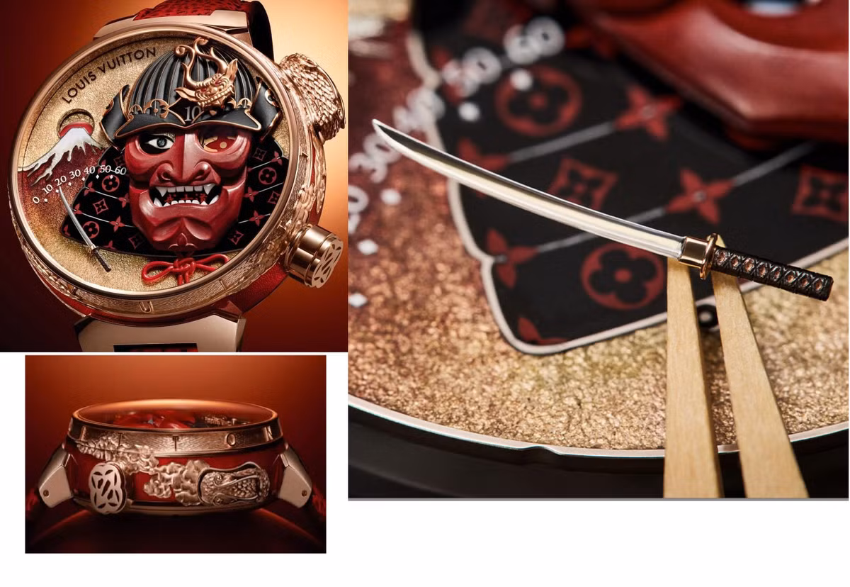 Tambour Bushido Automata (bên trái) lấy cảm hứng từ tinh thần võ sĩ đạo Nhật Bản, tích hợp 5 hoạt cảnh cơ học diễn ra trong vòng 16 giây. Mặt nạ Samurai trên mặt số thay đổi biểu cảm, thanh katana đóng vai trò kim phút và mặt trời đỏ biểu thị mức năng lượng.