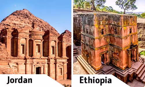 Thành cổ Petra ở Jordan và thị trấn Lalibela, Ethiopia trông giống nhau như hai giọt nước. Hai địa điểm này gây chú ý với phong cách kiến trúc khá giống nhau.