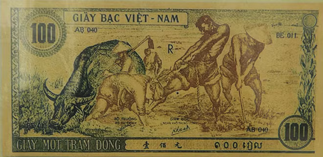 Mặt sau tờ tiền thể hiện hình ảnh con trâu béo mập (mang ý nghĩa con trâu là đầu cơ nghiệp của nhà nông), bên phải là cây ngô đang ra bắp và những nông dân đang ra sức khai hoang vỡ đất, tăng gia sản xuất để chống lại một trong ba thứ giặc lúc bấy giờ là "giặc đói"...