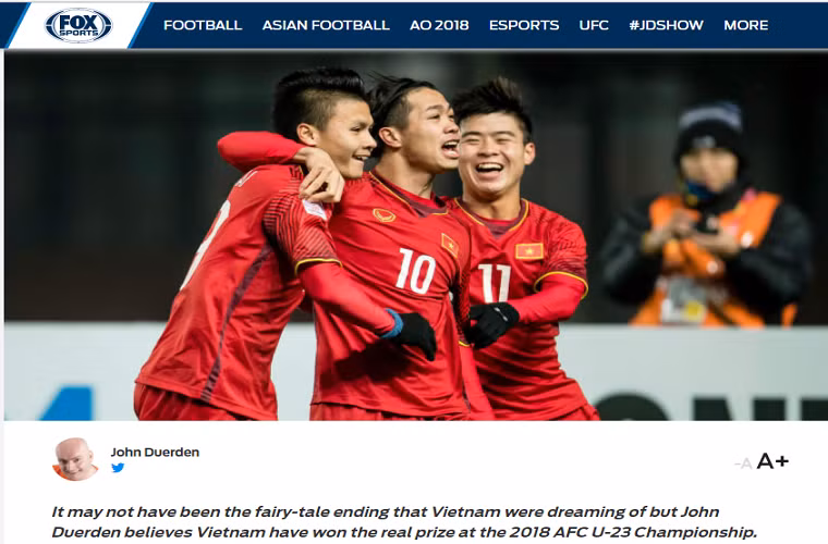 John Duerden của Fox Sports Asia tin rằng Việt Nam đã giành được giải thưởng thực sự tại Giải U23 Châu Á 2018. Ảnh chụp màn hình.