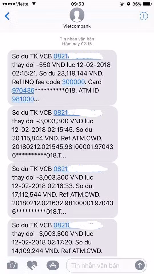 Có ít nhất 10 khách hàng tại Thái Nguyên bị đánh cắp tiền trong tài khoản. Ảnh chụp màn hình.