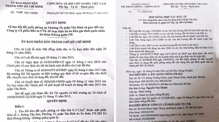 Quyết định của UBND TP.HCM (do phó chủ tịch Lê Văn Khoa ký) thu hồi đất quốc phòng để giao Công ty CTK làm dự án nhà ở (ảnh trái) và Hợp đồng do ông Nguyễn Văn Thanh đại diện Quân chủng PKKQ ký với Công ty CTK. Ông Thanh là người vừa bị Ủy ban Kiểm tra trung ương kết luận có sai phạm nghiêm trọng trong việc mang đất quốc phòng đầu tư kinh doanh.