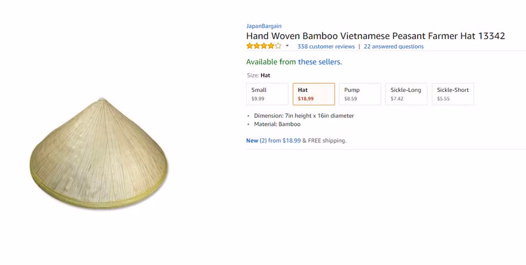 Nón lá cũng là một sản phẩm Việt được bày bán phổ biến trên Amazon với nhiều kích cỡ. Cỡ lớn nhất có giá 18,99 USD, khoảng 430.000 đồng.