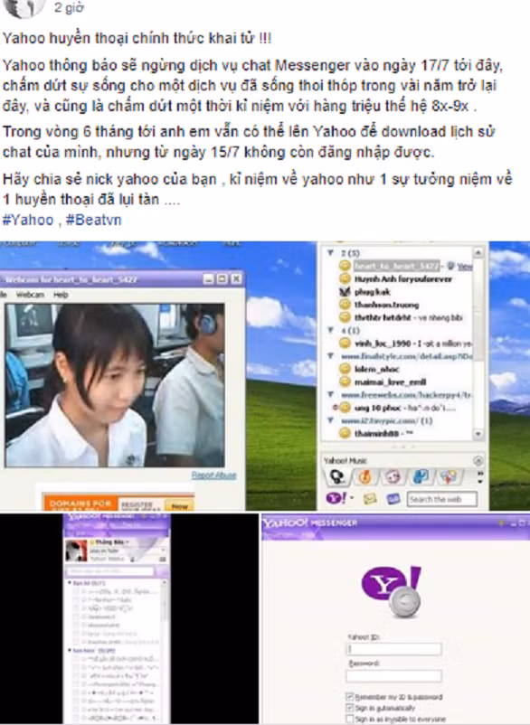 Mọi người chia sẻ nhau thông tin về Yahoo Messenger với nhiều sự tiếc nuối đối với ứng dụng nhắn tin đình đám một thời. Mọi người chia sẻ nhau thông tin về Yahoo Messenger với nhiều sự tiếc nuối đối với ứng dụng nhắn tin đình đám một thời.